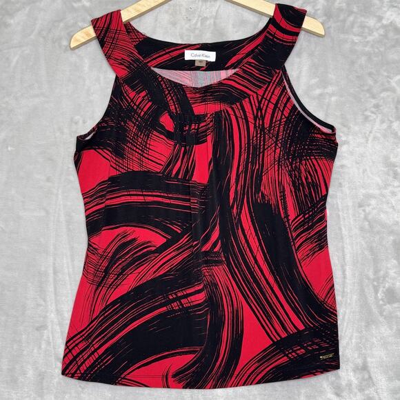 Calvin Klein Tank Top Womens Large Red Black Abstract Sleeveless Blouse Stretch - Picture 1 of 10